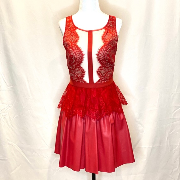 BCBG Dark Poppy Layton Lace and Faux Leather Dress - Picture 1 of 6